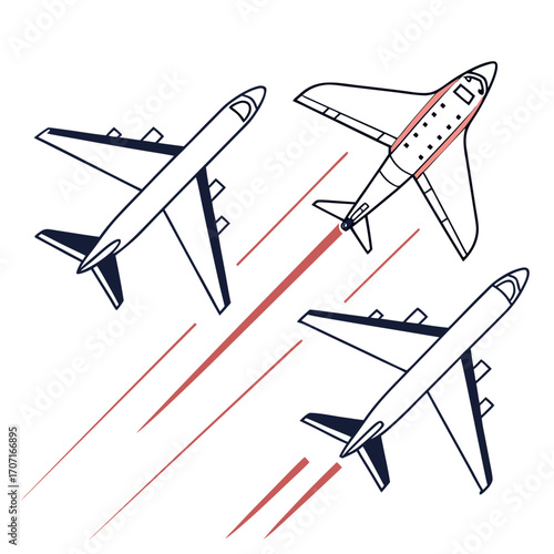 Vector art of three airplanes flying in formation, with contrails behind them, the planes are drawn in a simple, minimalist style, with clean lines and a limited color palette