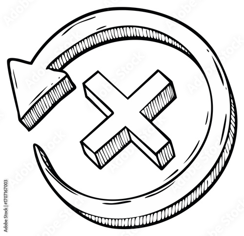 Hand drawn 3D X symbol encircled by a backward arrow representing cancellation or error