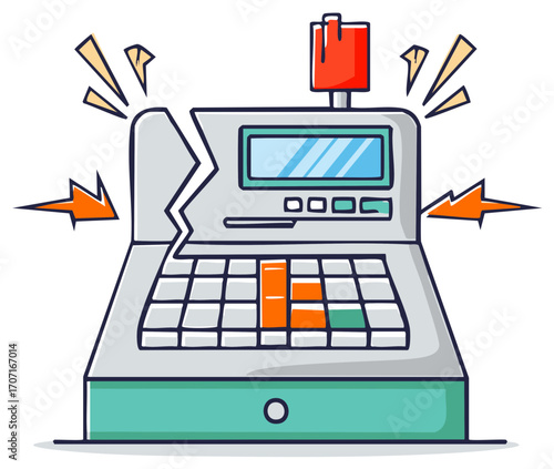 Broken cash register cartoon illustration with crack and damage as a symbol of financial loss, business failure, and economic crisis