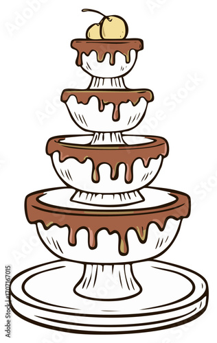 Flowing chocolate fondue fountain dessert with cherries on top vector illustration