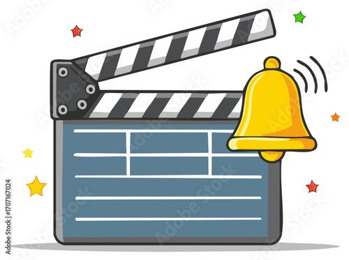 Cartoon clapboard with ringing bell and star elements