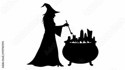 Silhouette of a witch stirring a cauldron with a wand creating a spooky halloween scene in black and white