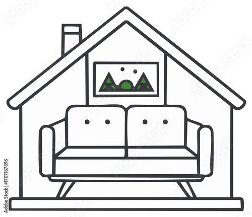 Cozy Living Room Scene Inside a House Outline with Sofa and Mountain Artwork