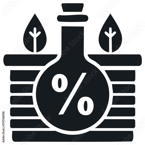 Eco Friendly Percentage Bottle with Leaves Graphic Black and White, Environmentally Conscious Sale and Promotion Icon