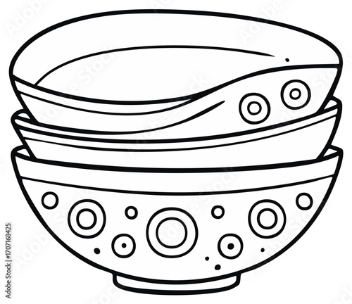 Stack of Ceramic Bowls with Decorative Patterns Line Art