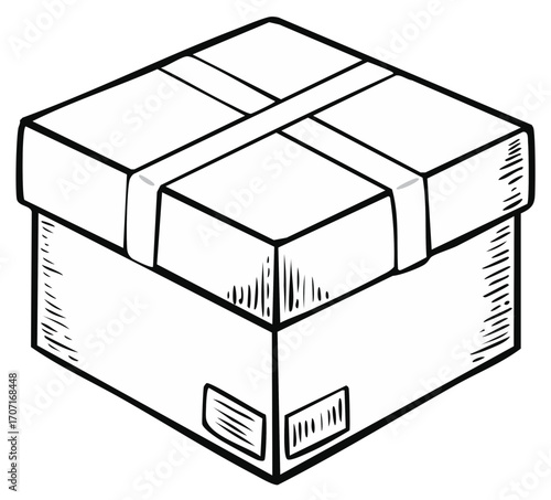 Hand drawn illustration of a cardboard box tied with tape, delivery concept.