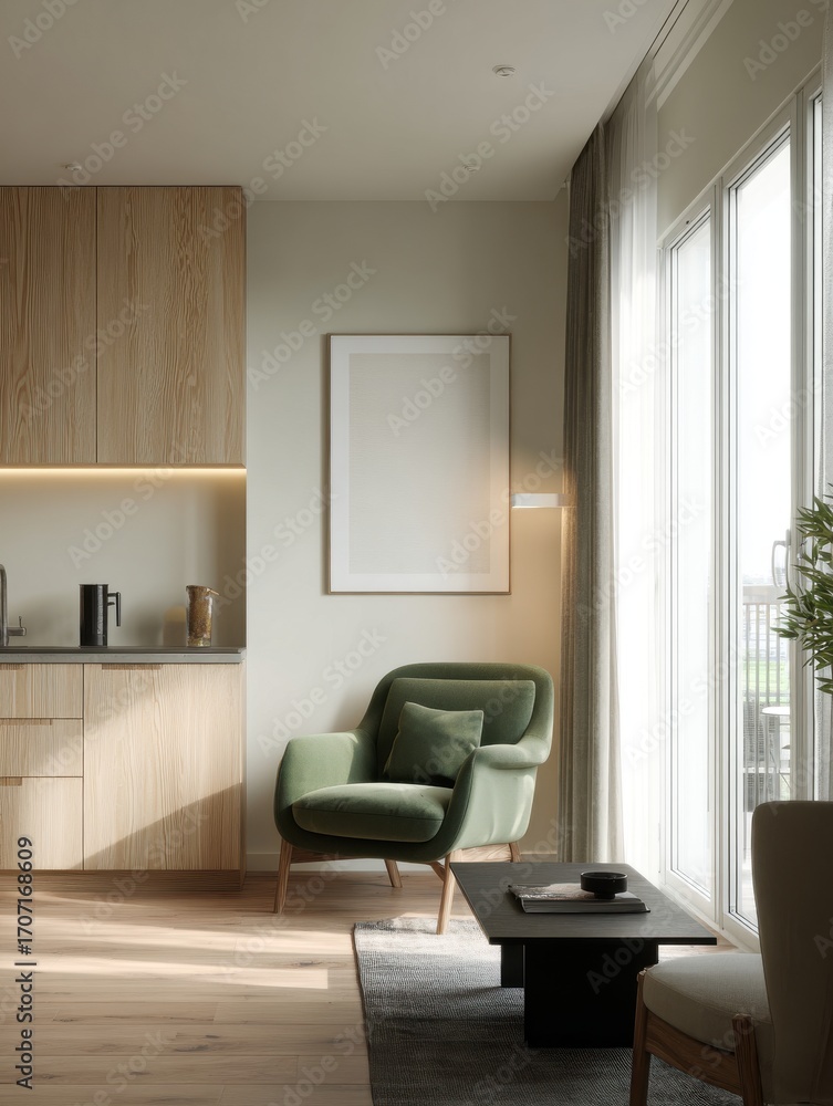 Fototapeta premium Sunlit Modern Apartment Interior with Green Velvet Armchair