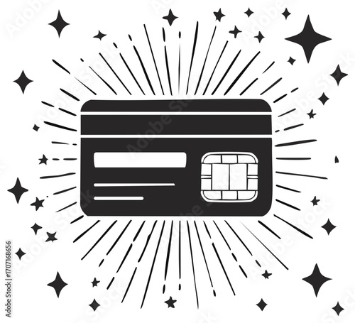 Credit card with radiating lines and stars, payment method, black and white illustration
