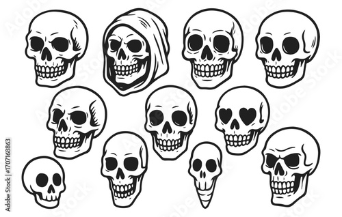 Skull doodle collection horror gothic tattoo isolated on transparent background, generative ai