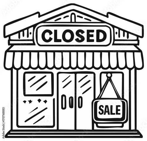 Shopfront Illustration With Closed Sign, Hand-drawn Black and White Vector