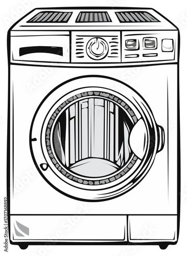 Drawing of a Front Load Laundry Washing Machine with Control Panel and Open Door; Appliance for Home Use