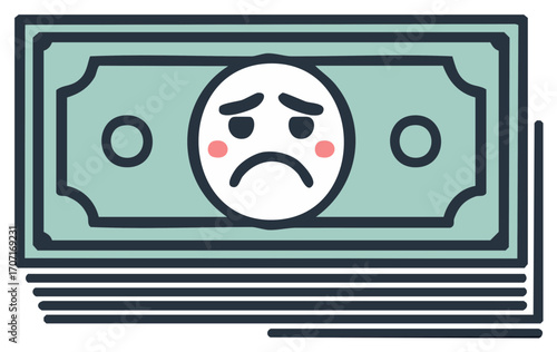 Distressed emoji face on a stack of currency bills illustrating financial difficulties and economic struggles
