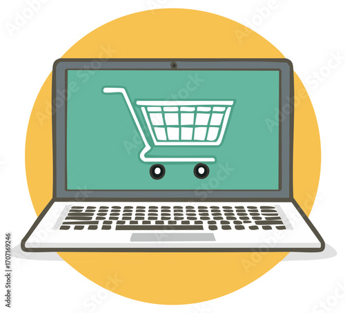 Modern laptop displaying a stylized shopping cart icon on a vibrant digital screen