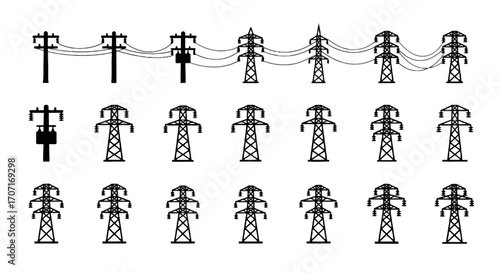 Electrical Towers And Power Poles Simple Black Icon Set On White Background