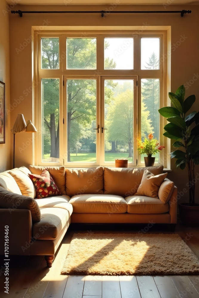 Fototapeta premium Warm sunlight streams through a large window onto a cozy living room, highlighting comfortable furniture and inviting d?cor Perfect for a welcoming homepage , aesthetic, interior
