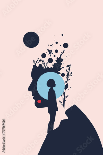 Silhouette child with abstract female head – psychology, inner world and imagination concept illustration