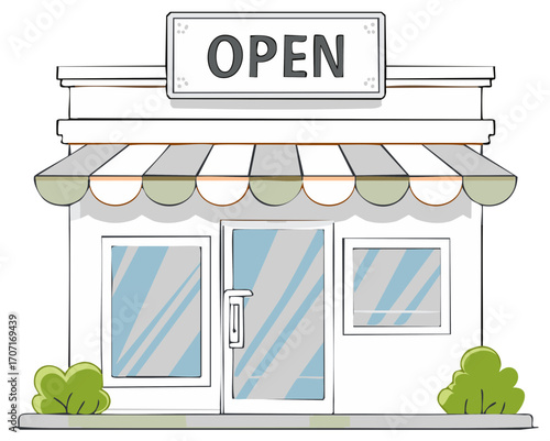 Hand drawn cartoon illustration of a small retail store building with an open sign and striped awning welcoming customers