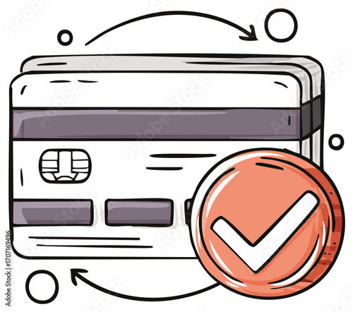 Successful credit card payment confirmed with checkmark. Hand-drawn doodle for financial transactions.