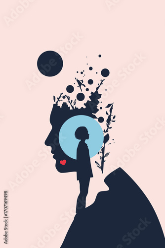 Silhouette child with abstract female head – psychology, inner world and imagination concept illustration