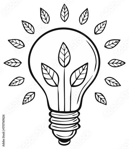 Eco friendly light bulb with leaves. Concept of green energy, environment, or nature.