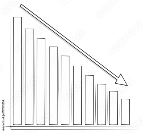 Hand drawn bar chart with a descending arrow illustrating a downward trend and financial decline