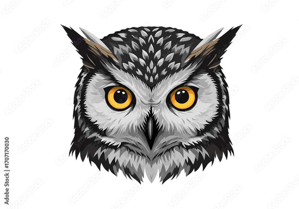 Fototapeta premium Majestic Owl Head: Intense Gaze, Detailed Vector Art