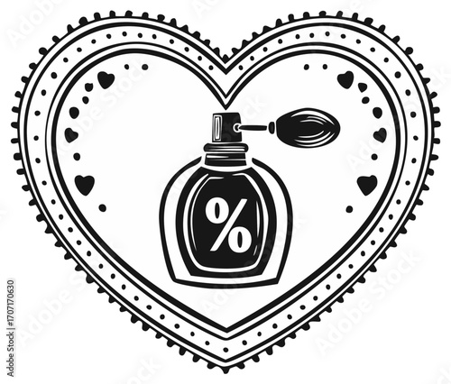 Vintage perfume bottle inside heart symbol illustration, black and white design