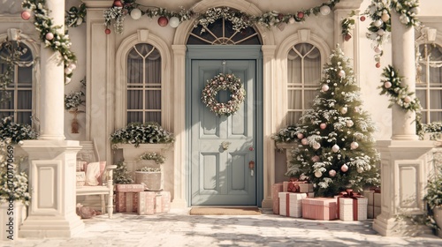 A Christmas background. The house door is decorated with Christmas ornaments. There is a Christmas tree and gifts. Christmas Eve 