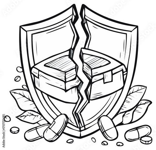 Broken shield icon with pills and leaves symbolizing health crisis or medical problem