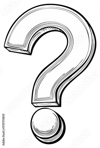 Monochrome Illustration of a Question Mark with Hand Drawn Style and Dimensional Outline