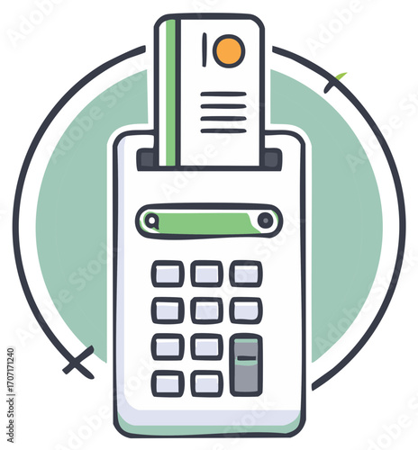 POS Terminal with Green Accent and Circular Decoration, Showing Sales Receipt Paper