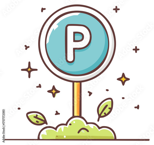 Cute parking sign with a stylized P symbol surrounded by stars and leaves representing nature and good vibes