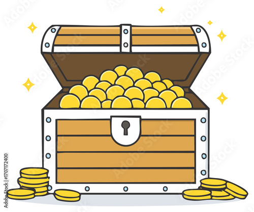 Open Treasure Chest Overflowing with Golden Coins and Sparkles
