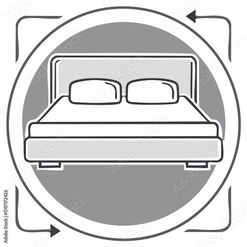 Modern bed with pillows inside a circular frame with arrows