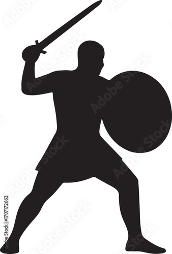 Shield fighter silhouette vector illustration of medieval warrior with shield and sword in battle pose.