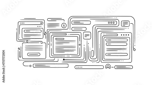 Wireframe layout of website elements and user interface components isolated on white background