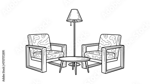 Two armchairs and a coffee table with a floor lamp in a minimalist setting isolated on white background