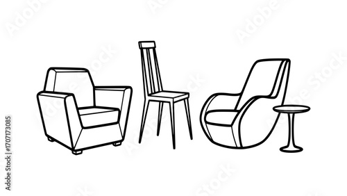 Collection of three distinct chairs and a small side table, isolated on white background