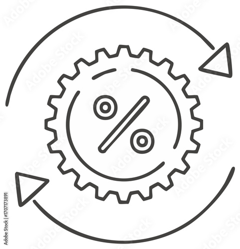 Gear with percentage symbol and arrows, representing financial growth and cycle.