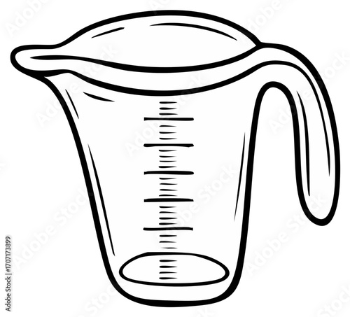 Simple line art illustration of an empty kitchen measuring cup with handle and volume markings