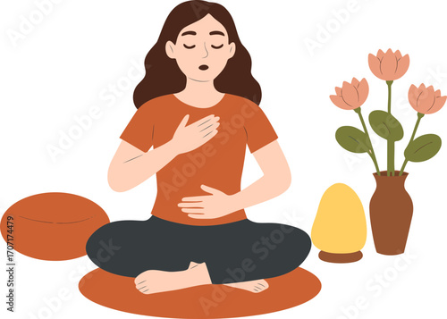 Calm woman meditating for wellness and relaxation.