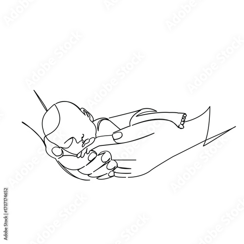 One continuous single drawing line art flat doodle newborn, baby, cute, love, child, happiness, embrace. Isolated image hand draw contour on a white background
