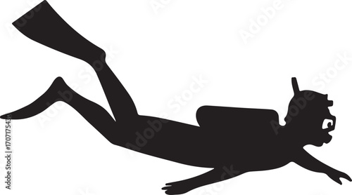 Snorkeler silhouette vector illustration of underwater swimmer with mask and fins for ocean dive and marine adventure.