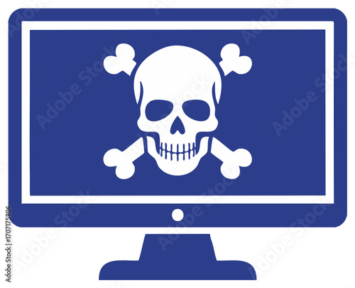 Blue computer monitor displaying a white skull and crossbones symbol cyber security threat concept