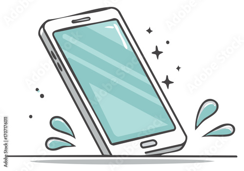 Waterproof smartphone dropping into liquid with splashes. Mobile device water resistant concept illustration.