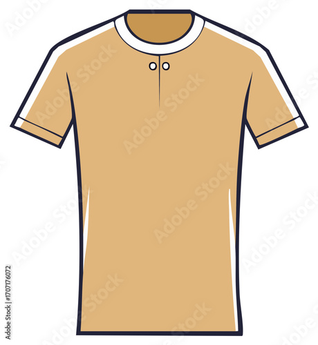 Graphic illustration of a tan short-sleeve henley shirt with a white collar and two buttons