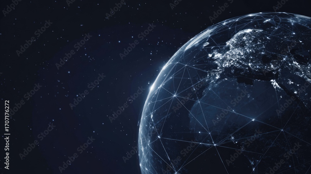 Naklejka premium A stylized digital representation of Earth, highlighted by a network of interconnected lines, set against a dark starry background