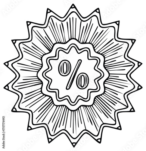 Outline illustration of percentage discount with sunburst rays for sales promotions