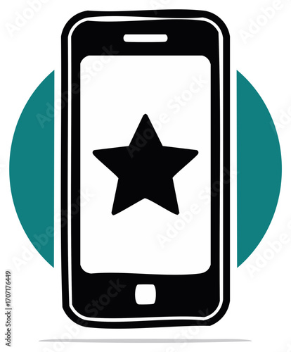 Hand drawn smartphone illustration with star icon for mobile app rating and customer review.