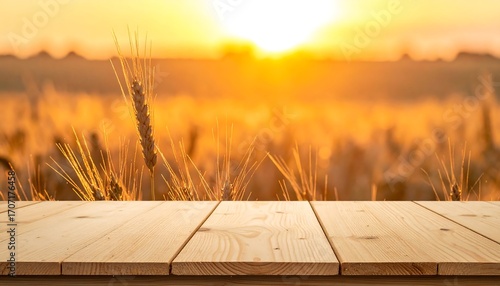 Wooden Tabletop Against a Backdrop of a Golden Wheat Field at Sunset, Rustic Wood Table Surface and Blurred Wheat Field Landscape